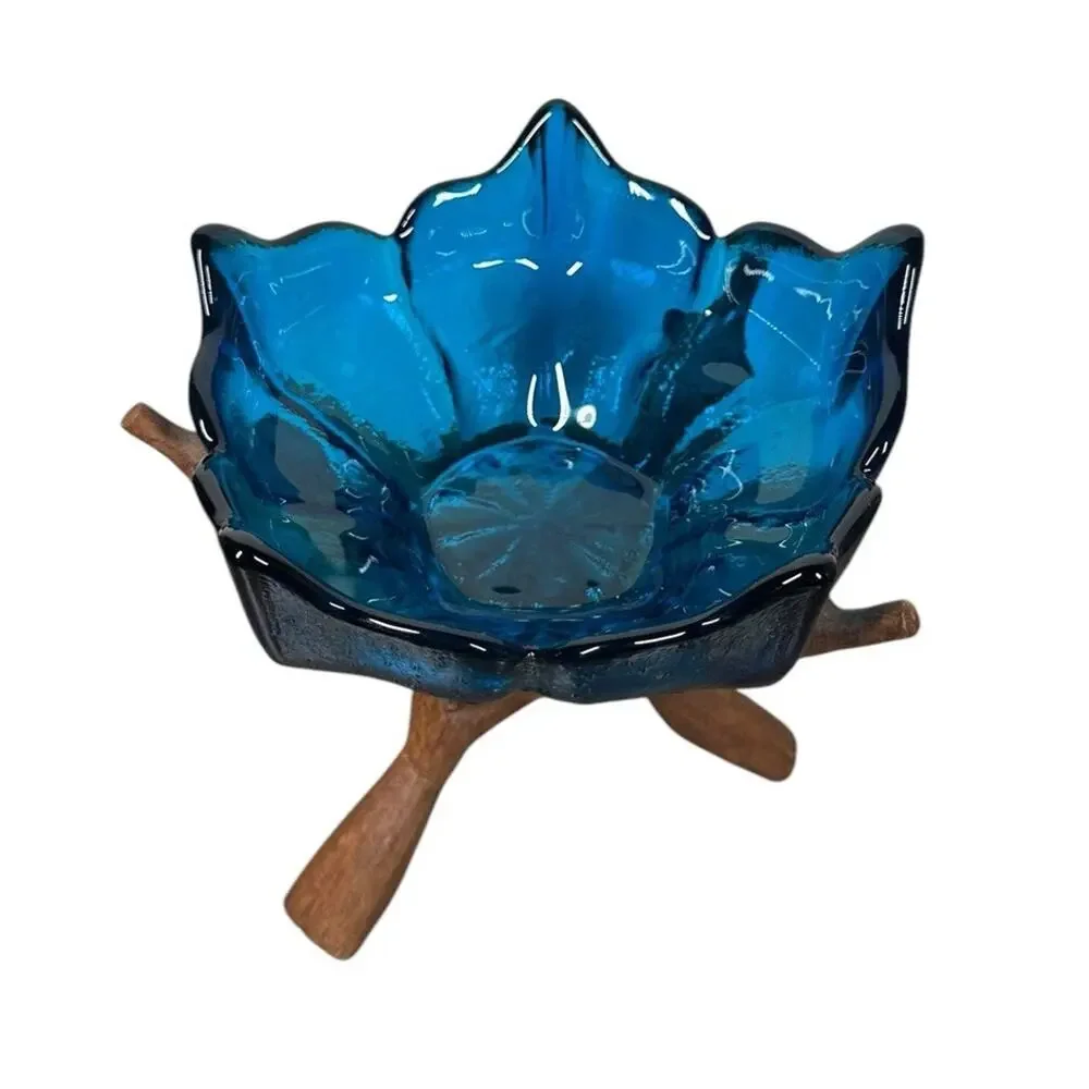 Vintage Blue Glass Lotus‎ Bowl with Carved Wooden Intertwined Tripod Stand India